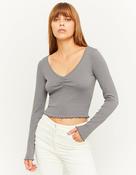 Grey Long Sleeve Basic V-Neck T-Shirt image