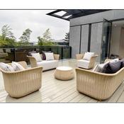 Outdoor rattan sofa and chairs, perfect for garden patios and terraces, featuring woven chairs and a coffee table image