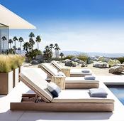 Outdoor balcony bed, rattan chair in garden villa, sunlit room, beach lounge chair, poolside bed image