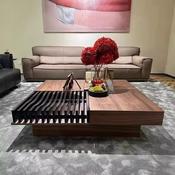 Custom Made Modern Walnut Wood Grain Square Coffee Table with Grid Storage