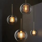 Modern Industrial Globe Pendant Light – Smoky Glass with Inner Mesh Shade for Dining or Bar Decor