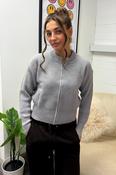 GREY RIBBED ZIP CARDIAGN