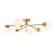 modern mid century style 6 light semi flush ceiling light aged brass with opal spheres - Stillorgan Decor