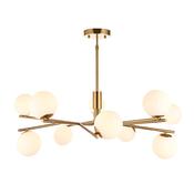 modern mid century style 10 light ceiling pendant aged brass with opal spheres - Stillorgan Decor