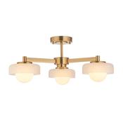 refined mid century 3 light semi flush brass ceiling light with frosted outer glass shades - Stillorgan Decor