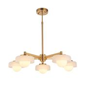 refined mid century 5 light brass ceiling pendant with frosted outer glass shades - Stillorgan Decor image