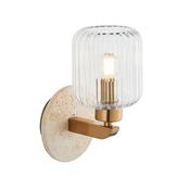 stylish single ribbed glass wall light in brass with travertine stone plate - Stillorgan Decor
