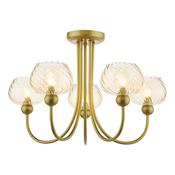 graceful 5 light semi flush ceiling light satin gold with champagne ribbed glass shades - Stillorgan Decor image