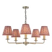heritage 5 light ceiling pendant in warm matt bronze with red cotton mix shades - Stillorgan Decor