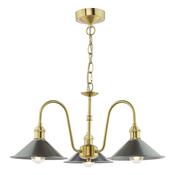 exquisite 3 light curved arm ceiling pendant in natural brass with aged pewter shades - Stillorgan Decor