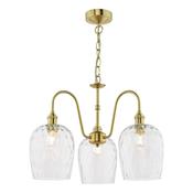exquisite 3 light curved arm ceiling pendant in natural brass with clear dimpled shades - Stillorgan Decor image