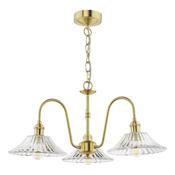 exquisite 3 light curved arm ceiling pendant in natural brass with clear flared glass shades - Stillorgan Decor