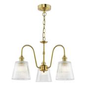 exquisite 3 light curved arm ceiling pendant in natural brass with clear ribbed glass shades - Stillorgan Decor image