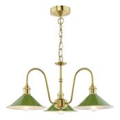 exquisite 3 light curved arm ceiling pendant in natural brass with gloss green shades - Stillorgan Decor