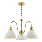 exquisite 3 light curved arm ceiling pendant in natural brass with white domed shades - Stillorgan Decor