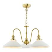 exquisite 3 light curved arm ceiling pendant in natural brass with white shallow shades - Stillorgan Decor