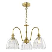 exquisite 3 light curved arm ceiling pendant in natural brass with clear scalloped shades - Stillorgan Decor image