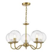 elegant 5 light curved arm ceiling pendant in natural brass with blown glass globes - Stillorgan Decor