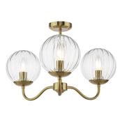 elegant 3 light curved arm semi flush ceiling light in natural brass with blown glass globes - Stillorgan Decor