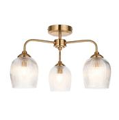 elegant arched arm 3 light semi flush ribbed glass ceiling light in warm brass - Stillorgan Decor