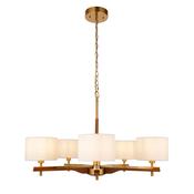 elegant brushed aged brass five light pendant with oak and natural linen shades - Stillorgan Decor image