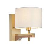 elegant brushed aged brass wall light with oak wood and natural linen shade - Stillorgan Decor image