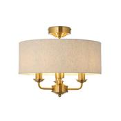 timeless vintage brass three light flush ceiling light with natural linen shade - Stillorgan Decor image