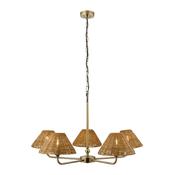 elegant warm brown rattan five light pendant with antique brass frame - Stillorgan Decor image