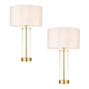 elegant satin brass twin pack touch table lamps with clear glass bases and white fabric shades - Stillorgan Decor image