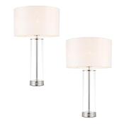 elegant bright nickel twin pack touch table lamps with clear glass bases and white fabric shades - Stillorgan Decor image