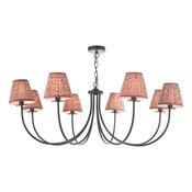 statement matt black eight light pendant with red leaf print pleated shades - Stillorgan Decor