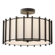 elegant matt black three light semi flush ceiling light with ivory linen shade - Stillorgan Decor image