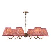 statement antique bronze six light pendant with red leaf print pleated shades - Stillorgan Decor image