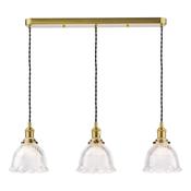 elegant natural brass three light bar pendant with clear ribbed glass shades - Stillorgan Decor image