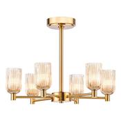 striking antique gold six light semi flush ceiling light with amber ribbed glass - Stillorgan Decor image