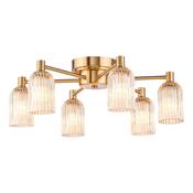 striking antique gold six light flush ceiling light with amber ribbed glass - Stillorgan Decor image