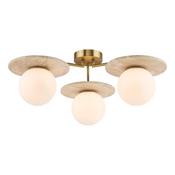 statement natural brass three light semi flush ceiling light with travertine and opal glass - Stillorgan Decor image