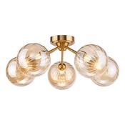 elegant antique gold five light semi flush ceiling light with amber ribbed glass - Stillorgan Decor image