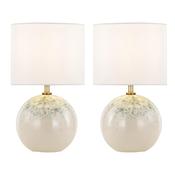 elegant green and cream ceramic twin pack table lamps with linen shades - Stillorgan Decor image