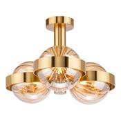 refined antique gold three light semi flush ceiling light with amber ribbed glass - Stillorgan Decor image