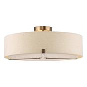 timeless antique bronze three light semi flush ceiling light with natural linen shade - Stillorgan Decor image