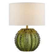 elegant olive green glass table lamp with antique brass and white linen shade - Stillorgan Decor image