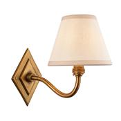 elegant brass patina curved arm wall light with vintage white fabric shade - Stillorgan Decor image