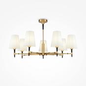 striking brass seven light ceiling chandelier with white fabric shades - Stillorgan Decor image