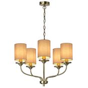 timeless antique brass five light chandelier with oatmeal fabric shades - Stillorgan Decor image