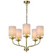 elegant matt brass five light chandelier with white fabric shades - Stillorgan Decor image