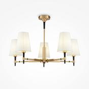 refined brass five light ceiling chandelier with white fabric shades - Stillorgan Decor image