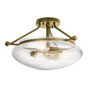 refined brushed natural brass three light semi flush ceiling light with clear seeded glass - Stillorgan Decor image