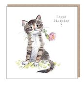 Cute Cat Birthday Card - Tabby With Flower image
