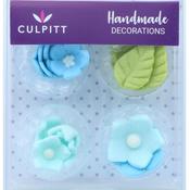 Sugar Decoration Blue Flowers &amp; Leaves Pk 16